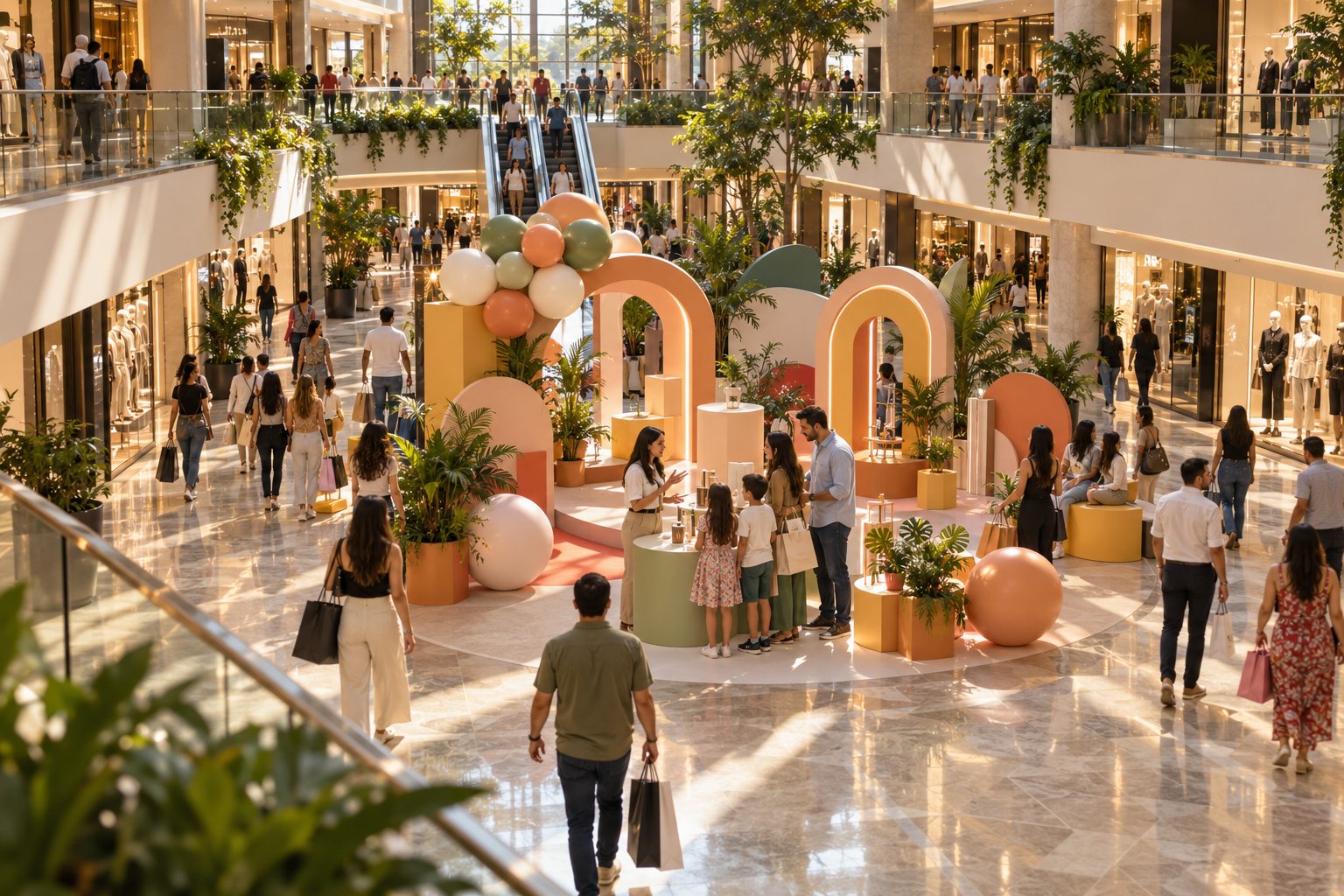 Activación promocional en el atrio de un centro comercial